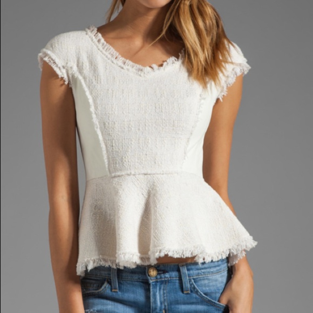 Rebecca Taylor Cream Frayed Peplum Cap-Sleeve Top